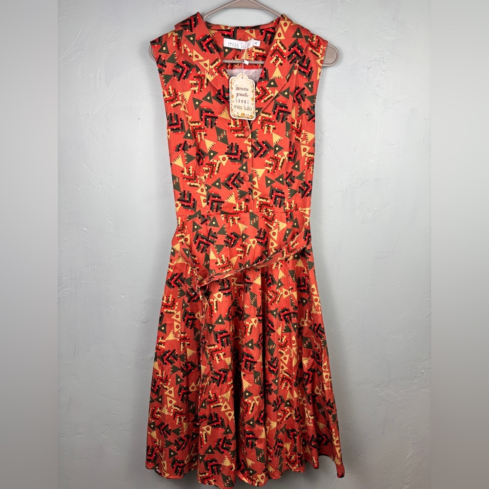 Miss Lulo Sleeveless Orange Patterned Belted Retro Dress